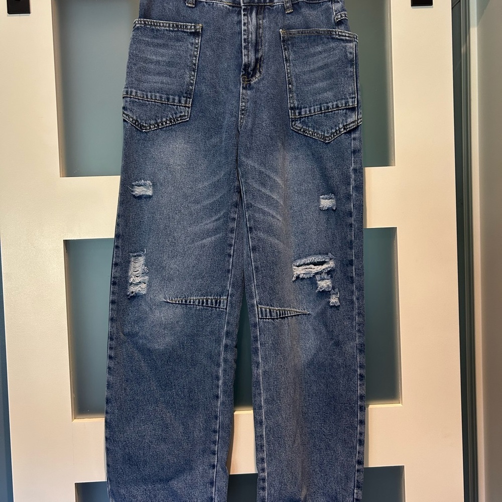 SHEIN Blue Flare & Wide Leg Jeans with Distressed Detailing